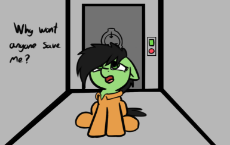 1719642__safe_artist-colon-neuro_oc_oc-colon-filly anon_oc only_clothes_d-dash-class_door_female_filly_misspelling_prison outfit_sad_scp_scp foundation.png