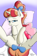 1713814__explicit_artist-colon-bluemeganium_rainbow stars_bedroom eyes_blanket_bow_female_heart_looking at you_nudity_pillow_smiling_solo.png