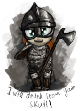 3086337__safe_female_pony_mare_earth+pony_looking+at+you_weapon_armor_shield_axe_threat_chainmail_artist-colon-uteuk_mount+and+blade.jpg