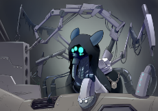 1446693__safe_artist-colon-underpable_oc_oc-colon-gear works_oc only_chaos_cloak_clothes_crossover_cyborg_dark mechanicus_earth pony_fanfic_fanfic art_.png