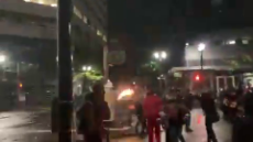 Another angle showing a rioter throwing a Molotov cocktail at @PortlandPolice in downtown. #PortlandRiots #antifa.mp4