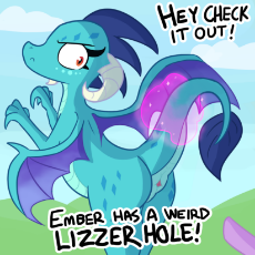 23119__explicit_artist-colon-tjpones_assisted+exposure_cloaca_cloud_discussion+in+the+comments_disembodied+hoof_dragon_ember+is+not+amused_female_female+focus.png