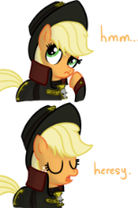 31907__safe_artist-colon-miketheuser_applejack_clothes_comic_crossover_dialogue_earth pony_eyes closed_female_freckles_hat_heresy_imperium_inquisition_.png