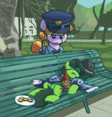 6792589__safe_artist-colon-plunger_imported+from+twibooru_copper+top_oc_oc-colon-filly+anon_pony_-fwslash-mlp-fwslash-_4chan_4chan+cup+scarf_bench_bottle_drawth.png